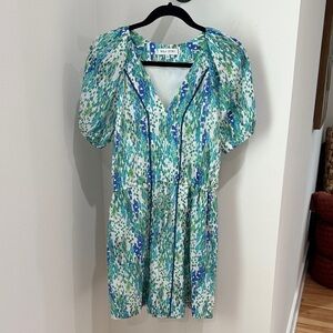 Anthropologie Willa Story abstract free, blue & teal floral dress 100% cotton